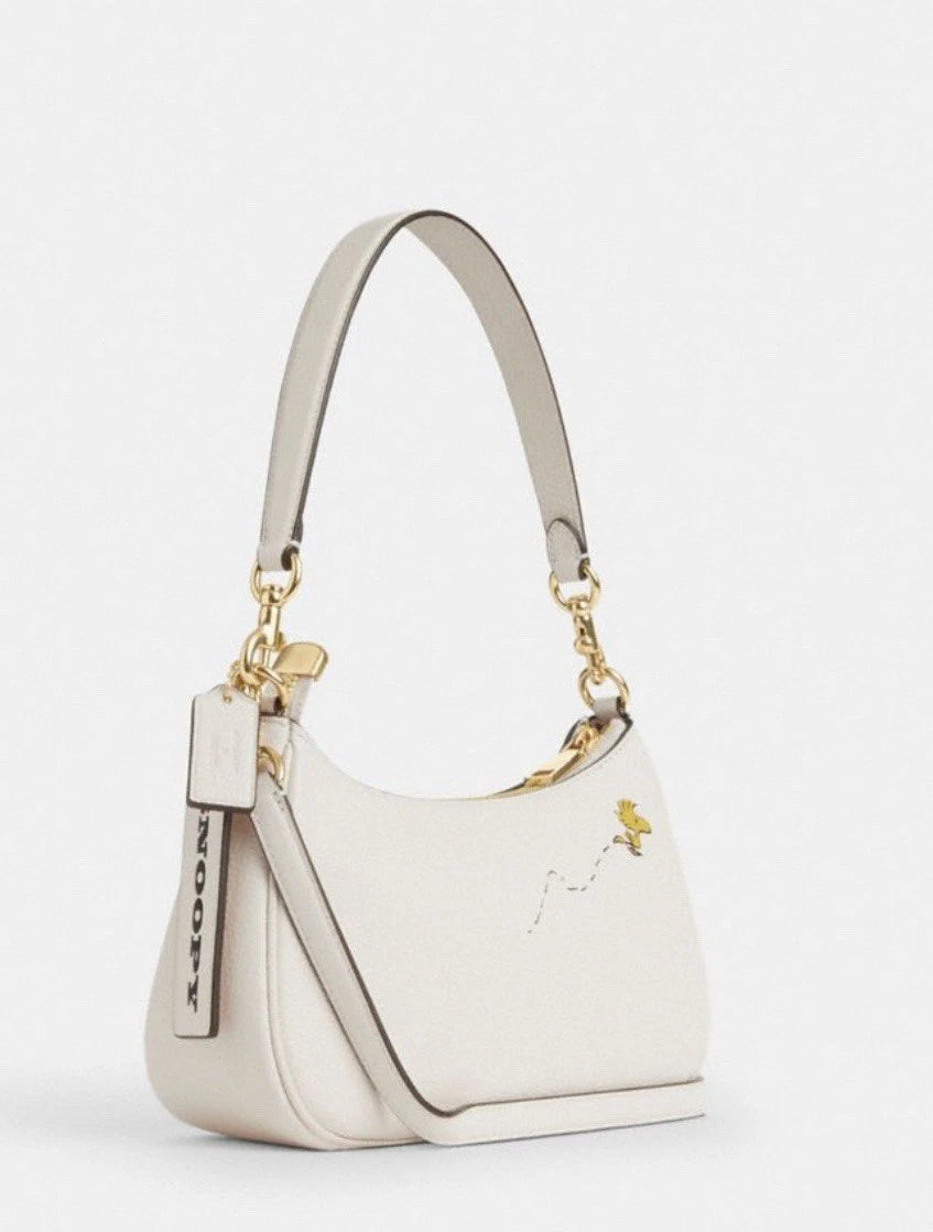 NWT COACH Womens Teri Shoulder Bag With Peanuts Snoopy Motif Chalk/Black Leather