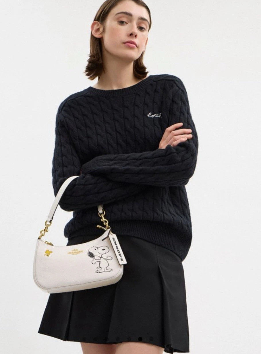 NWT COACH Womens Teri Shoulder Bag With Peanuts Snoopy Motif Chalk/Black Leather